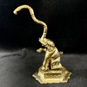Vintage Brass Elephant Figurine Trunk Up Lucky Charm Decorative Accent 6" Tall